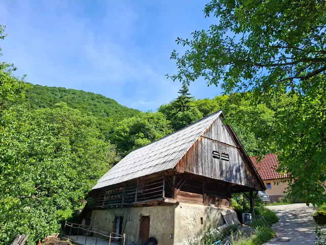 An image of a cabin on a wooded hillside.